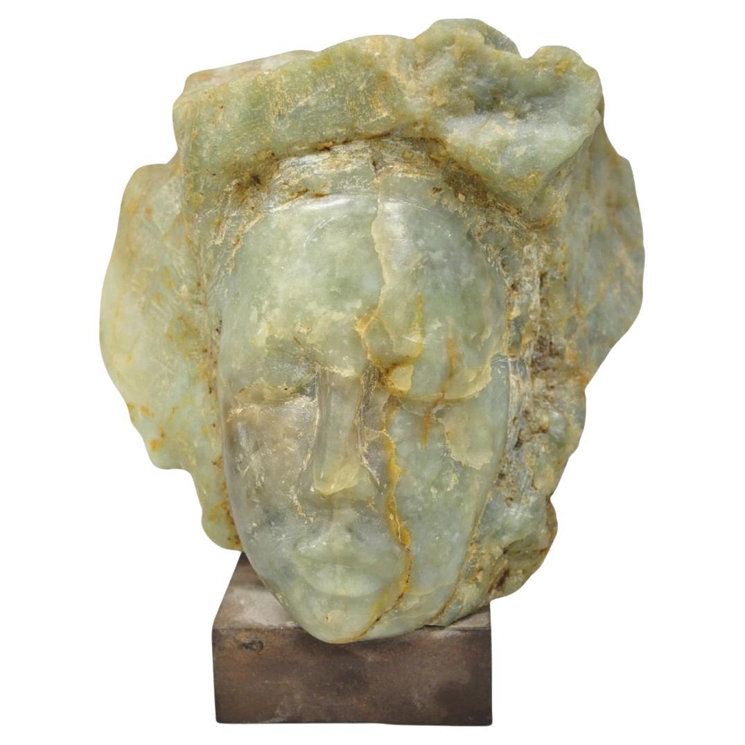 Vintage Chinese Carved Green Soapstone 8" Bust Head Small Figure Sculpture
