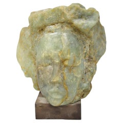 Vintage Chinese Carved Green Soapstone 8" Bust Head Small Figure Sculpture