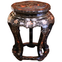Vintage Chinese Carved Hand Painted Barrel Circular Garden Stool or Table