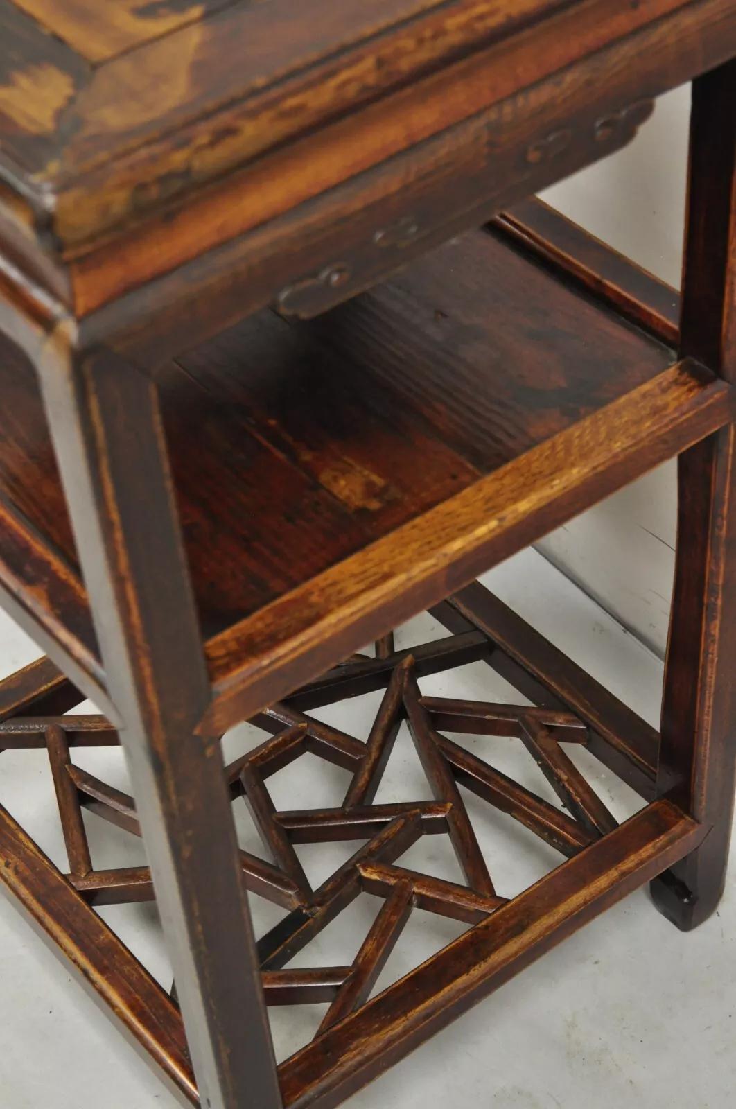 Wood Vintage Chinese Carved Hardwood 3 Tier Fretwork Plant Stand Side Table