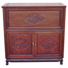 Vintage Chinese Carved Hardwood Bar Liquor Cabinet Console with Mirrors