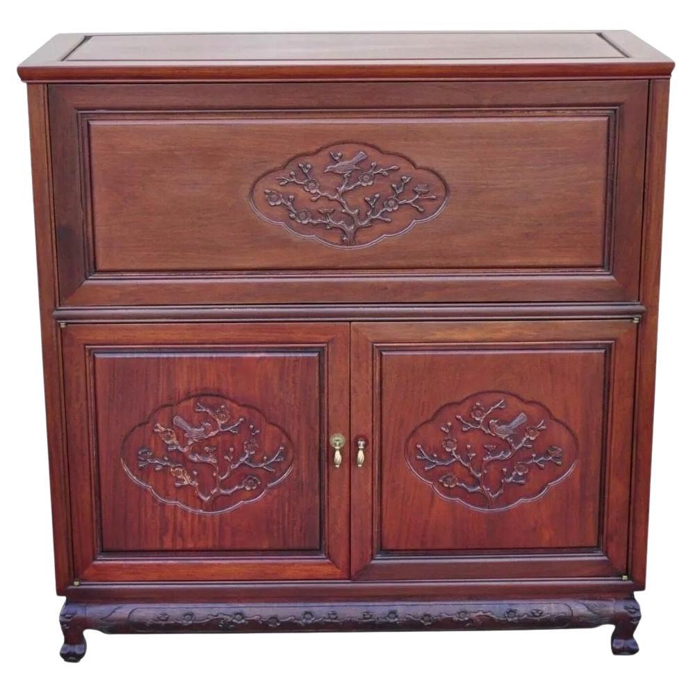 Vintage Chinese Carved Hardwood Bar Liquor Cabinet Console with Mirrors