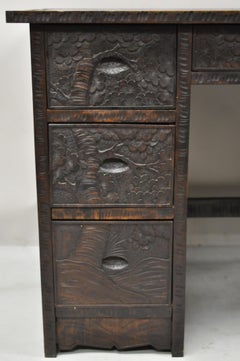 Vintage Chinese Carved Hardwood Cherry Blossom Tree Kneehole Writing Desk