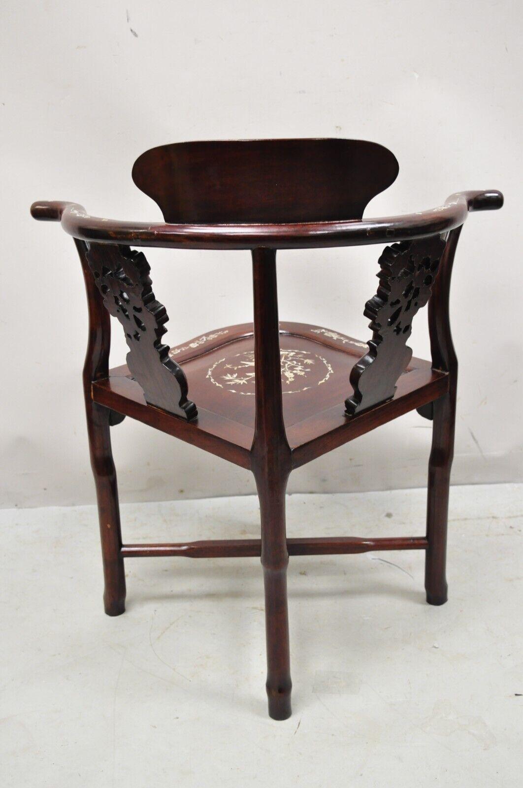 Vintage Chinese Carved Hardwood Corner Lounge Chair with Mother of Pearl Inlay For Sale 4