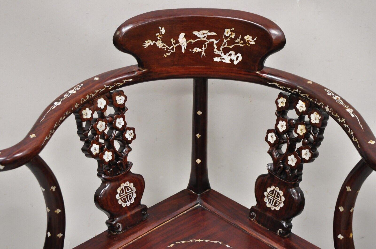 20th Century Vintage Chinese Carved Hardwood Corner Lounge Chair with Mother of Pearl Inlay For Sale