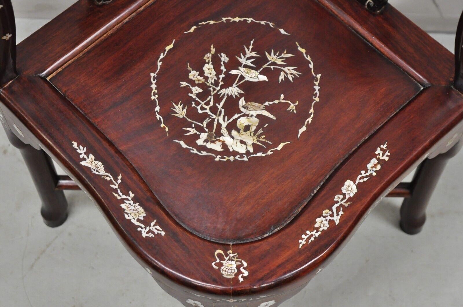 Mother-of-Pearl Vintage Chinese Carved Hardwood Corner Lounge Chair with Mother of Pearl Inlay For Sale