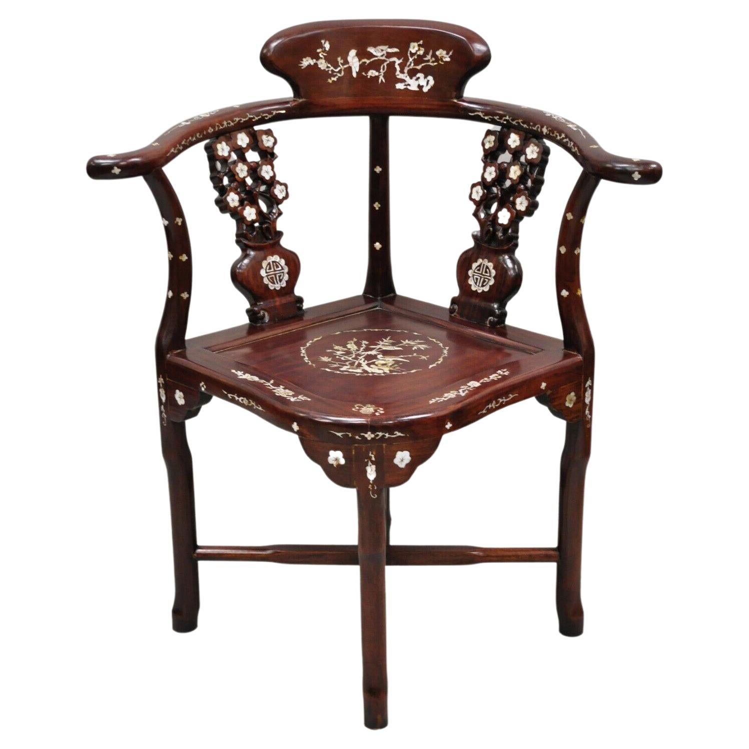 Vintage Chinese Carved Hardwood Corner Lounge Chair with Mother of Pearl Inlay For Sale