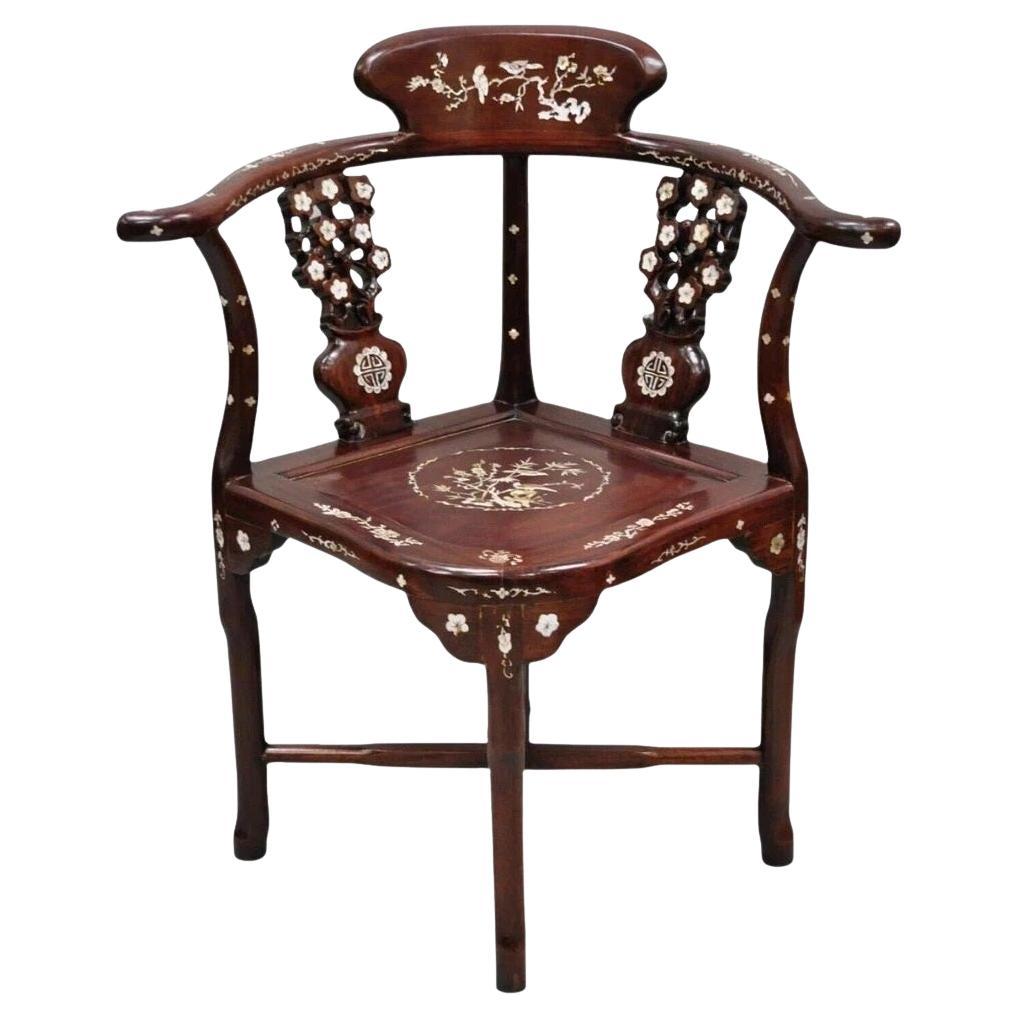 Vintage Chinese Carved Hardwood Corner Lounge Chair with Mother of Pearl Inlay