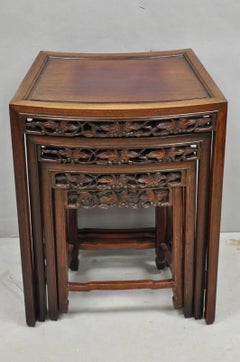 Vintage Chinese Carved Hardwood Curved Frame Nesting Side Tables - Set of 4