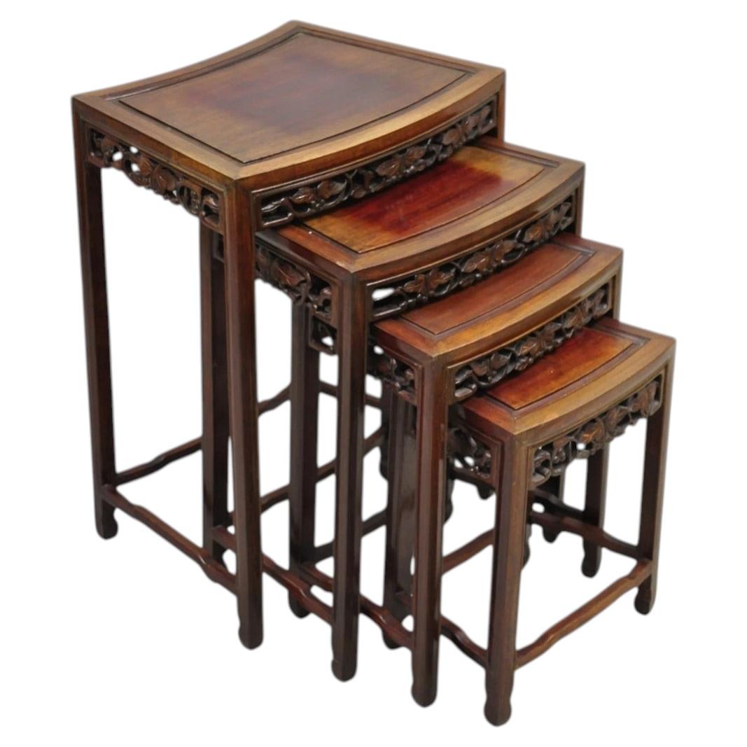 Vintage Chinese Carved Hardwood Curved Frame Nesting Side Tables - Set of 4 For Sale