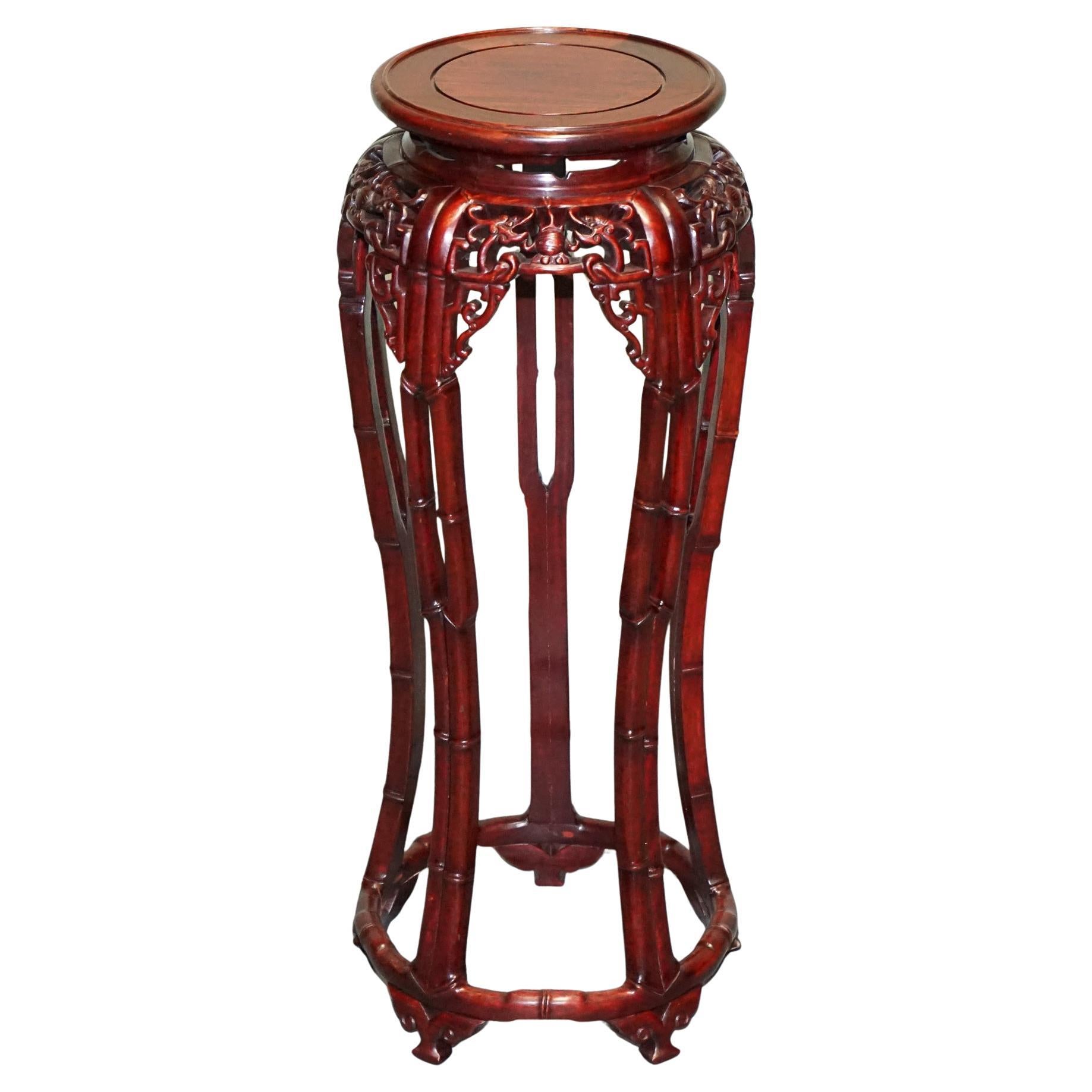 VINTAGE CHINESE CARVED HARDWOOD PLANT PEDESTAL BAMBOO MOTiF SHANGHAI TRADEMARK in vendita