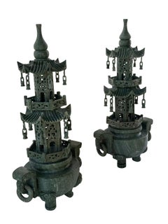 Vintage Chinese Carved Stone Jade 3 Tier Pagoda Palace Lantern Tower-a Pair