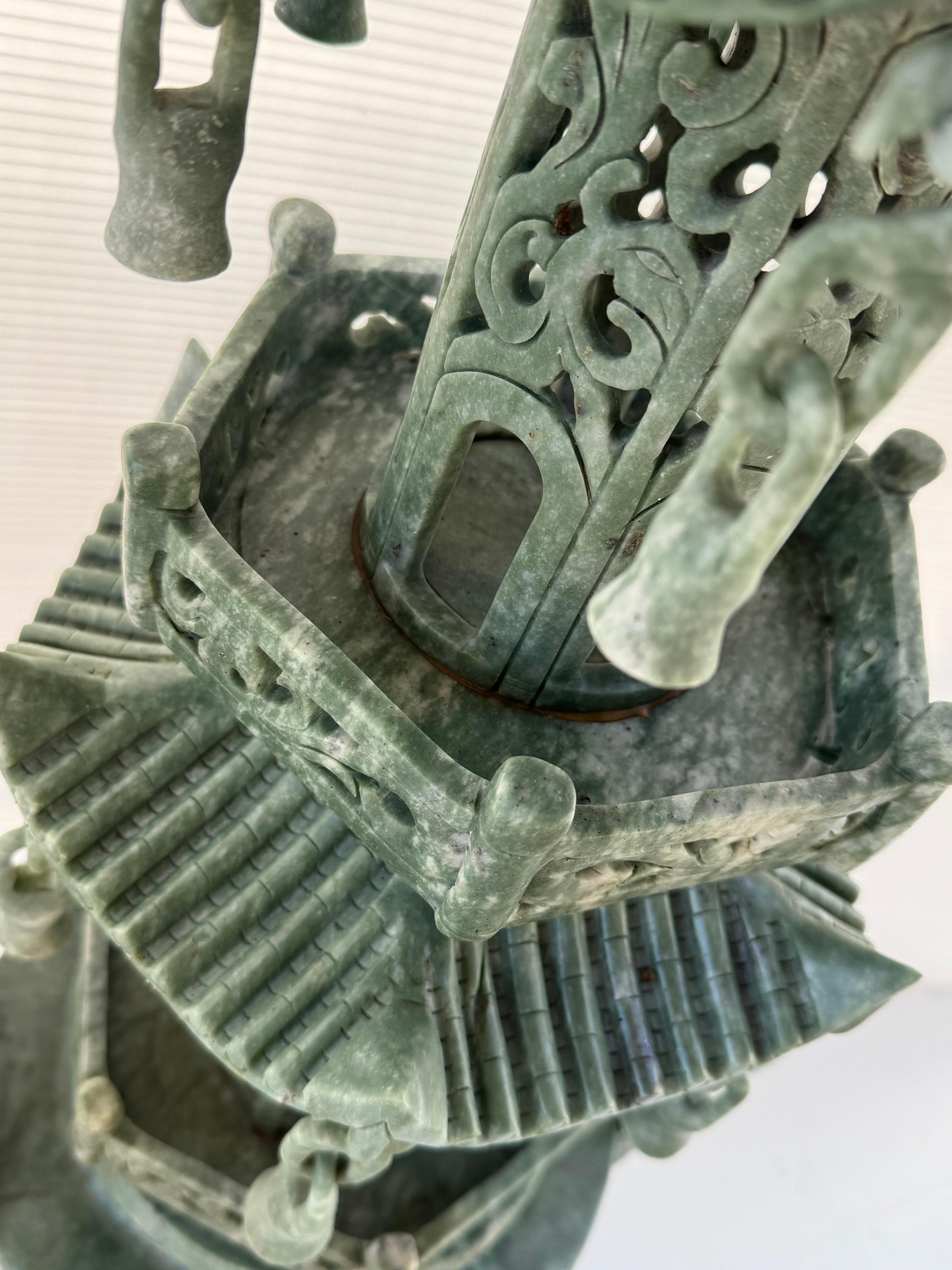 Cinese Vintage Chinese Carved Stone Jade 3 Tier Pagoda Palace Lantern Tower-a Pair in vendita