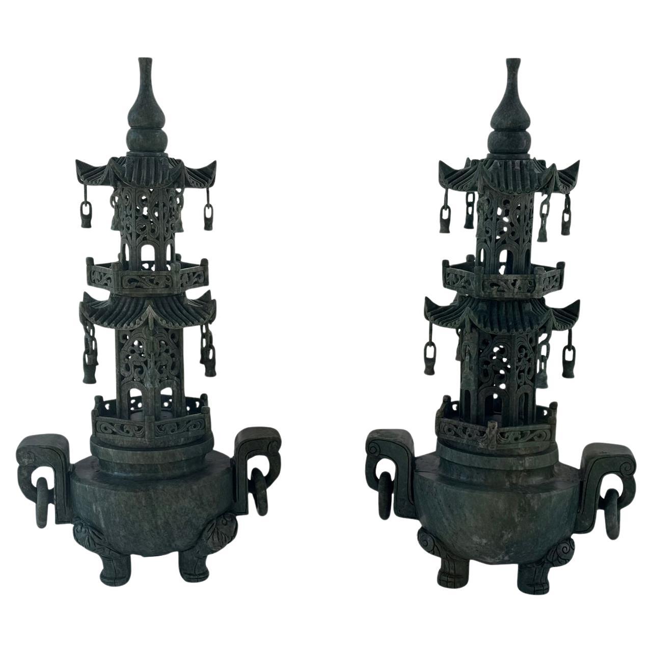 Vintage Chinese Carved Stone Jade 3 Tier Pagoda Palace Lantern Tower-a Pair
