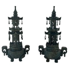 Vintage Chinese Carved Stone Jade 3 Tier Pagoda Palace Lantern Tower-a Pair