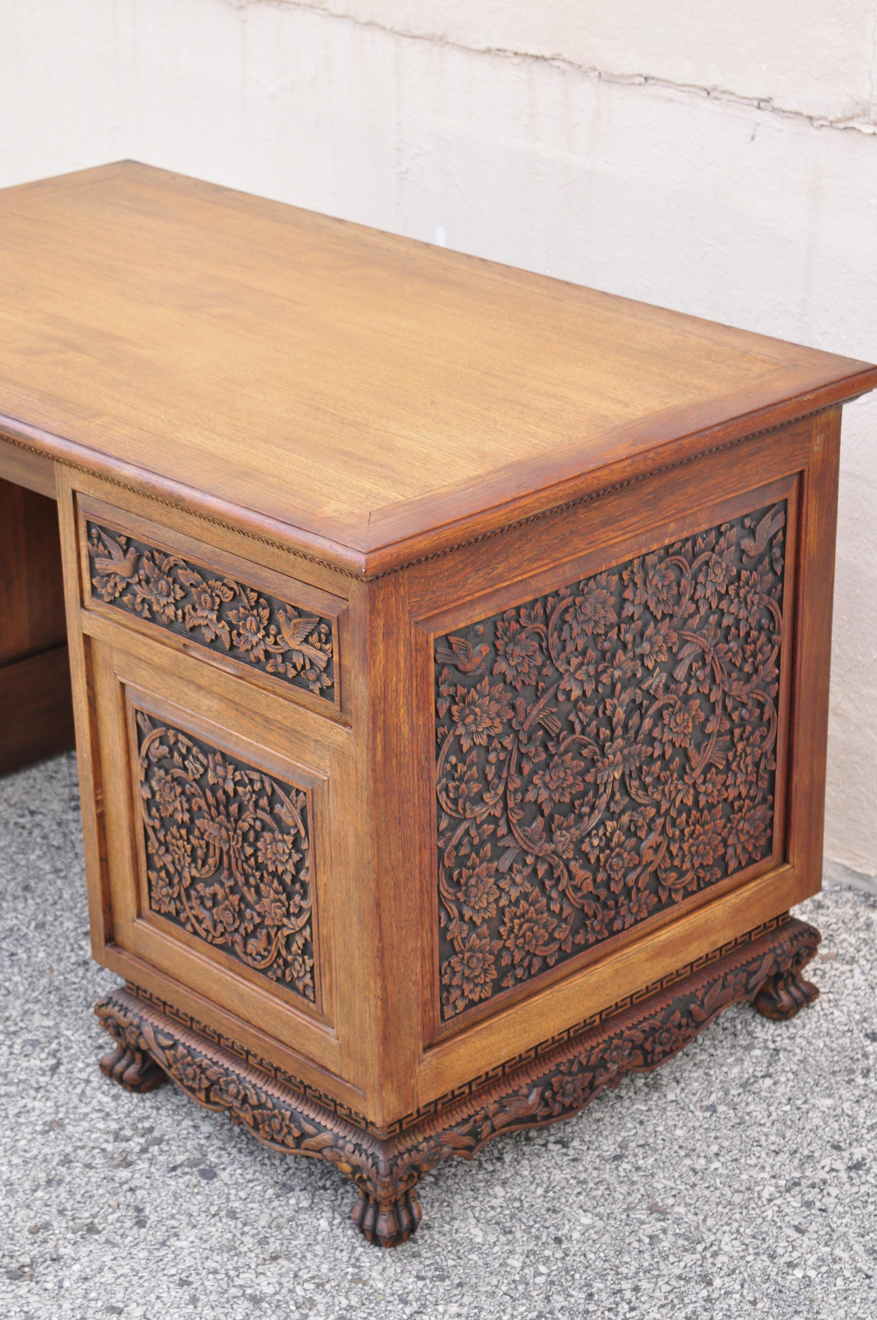 Vintage Chinese Carved Mahogany Pedestal Desk Flowers Birds and Leafy Scrolls For Sale 4