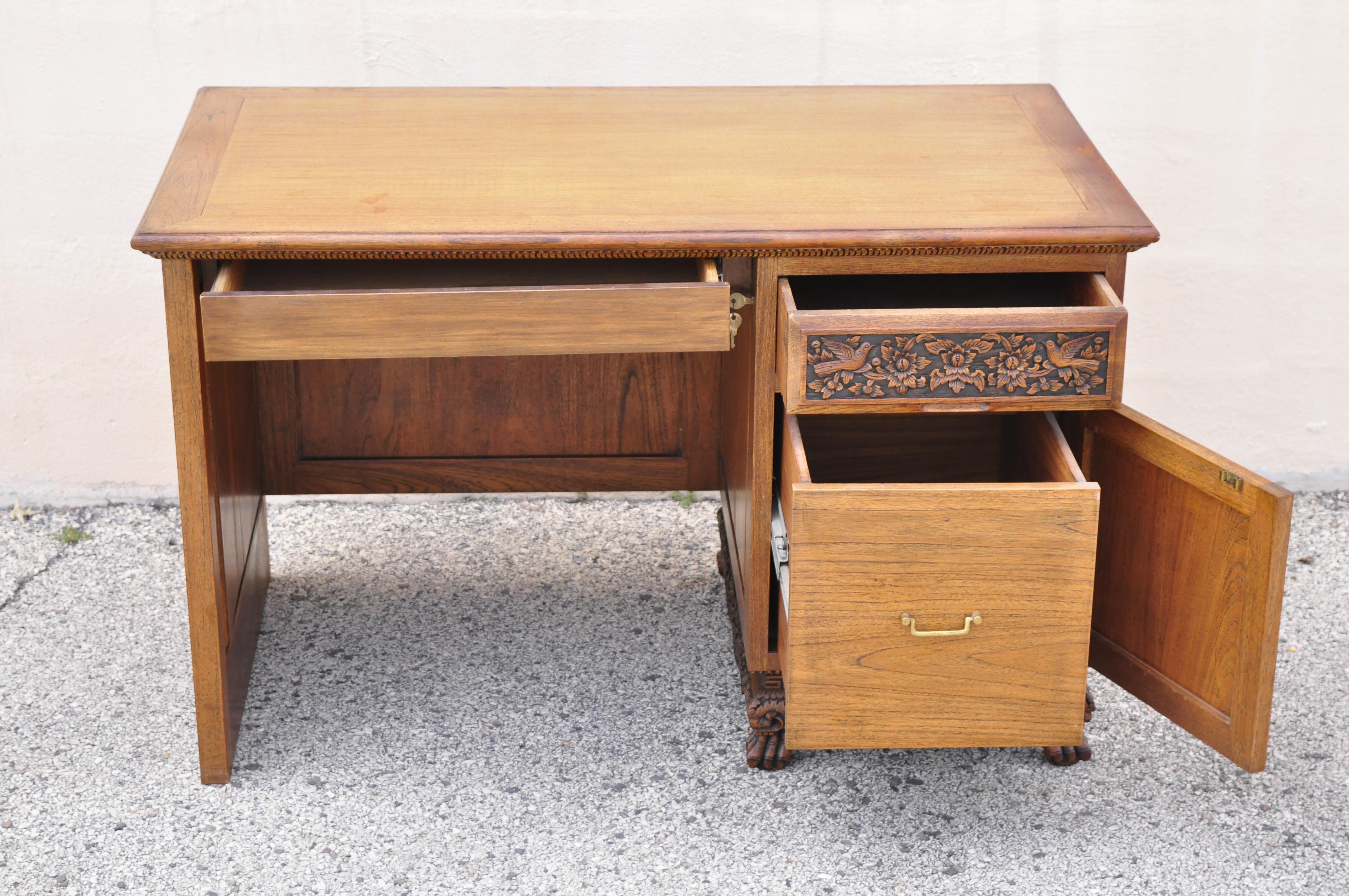 Chinoiserie Vintage Chinese Carved Mahogany Pedestal Desk Flowers Birds and Leafy Scrolls For Sale