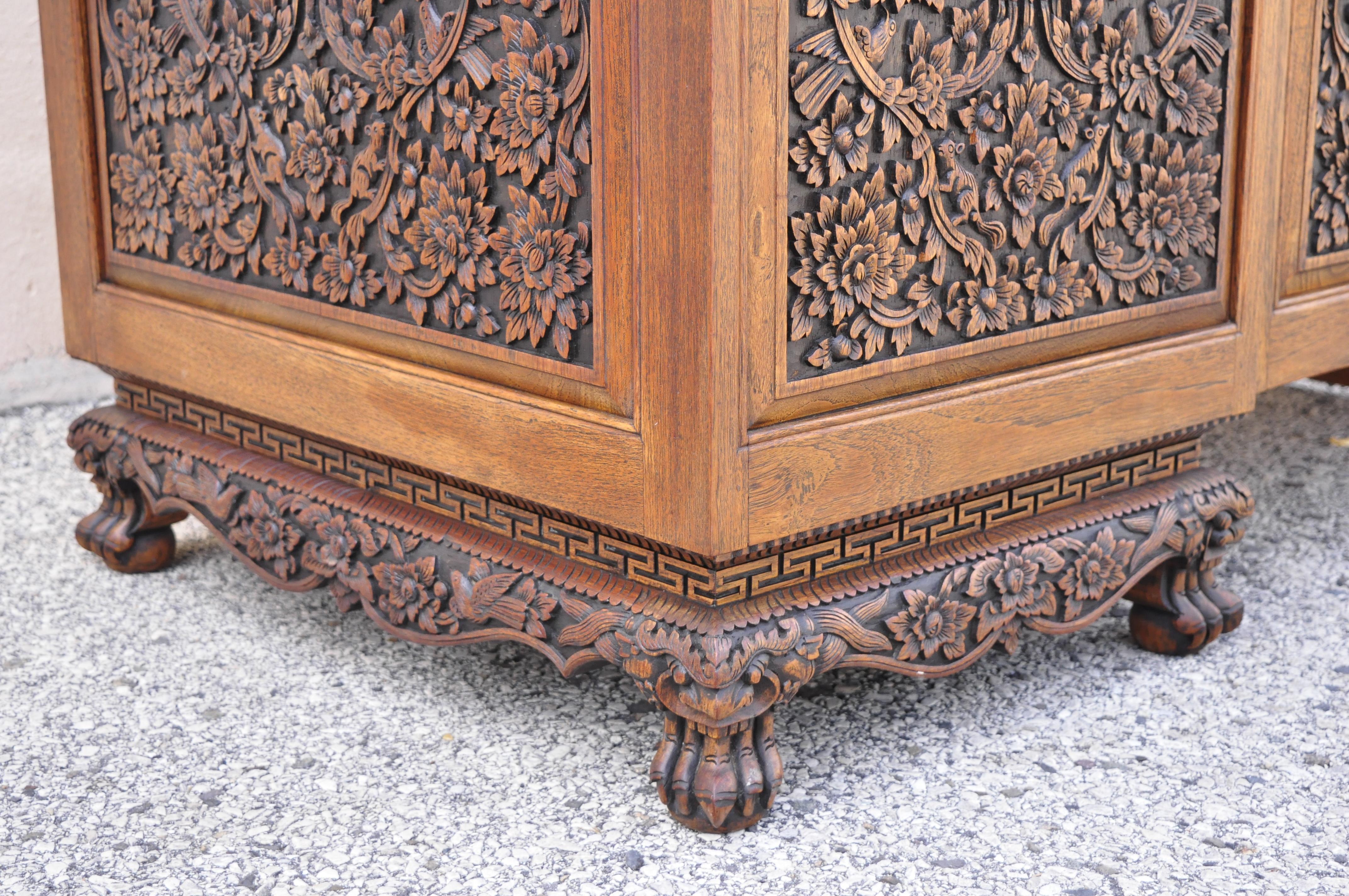 Vintage Chinese Carved Mahogany Pedestal Desk Flowers Birds and Leafy Scrolls In Good Condition For Sale In Philadelphia, PA