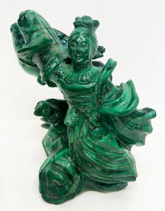 Vintage Chinese Carved Malachite Guan Yin Statue, Phoenix Bird Surrounding
