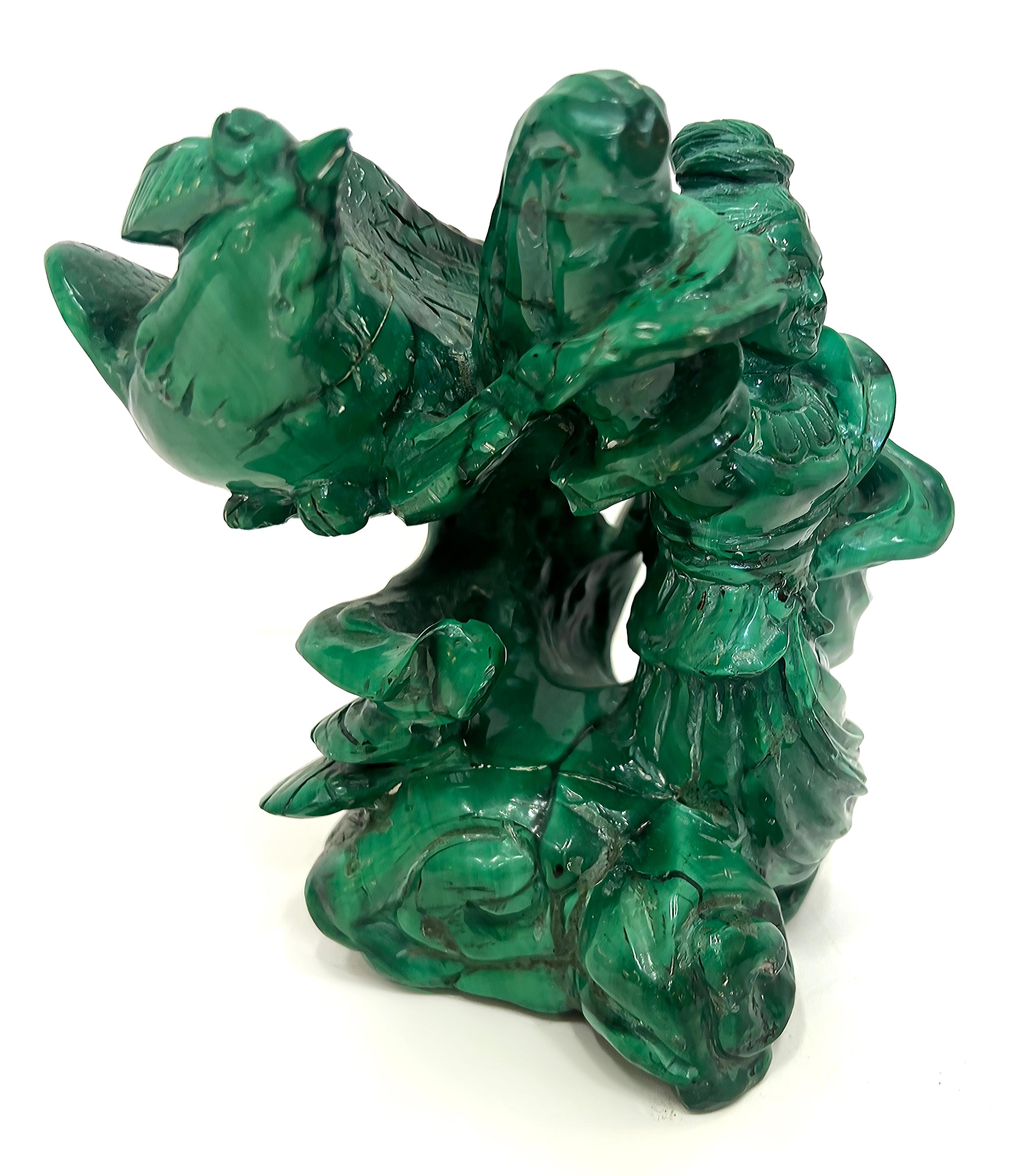 Hand-Carved Vintage Chinese Carved Malachite Guan Yin Statue, Phoenix Bird Surrounding  For Sale