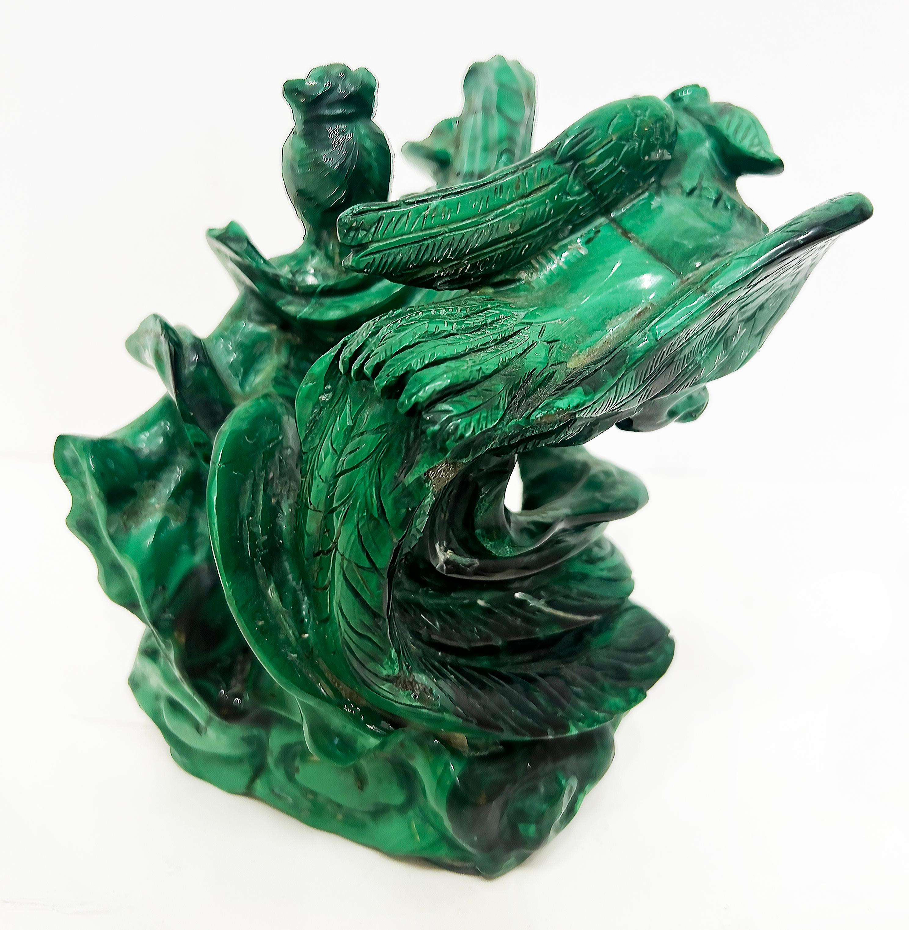 Vintage Chinese Carved Malachite Guan Yin Statue, Phoenix Bird Surrounding  In Good Condition For Sale In Miami, FL