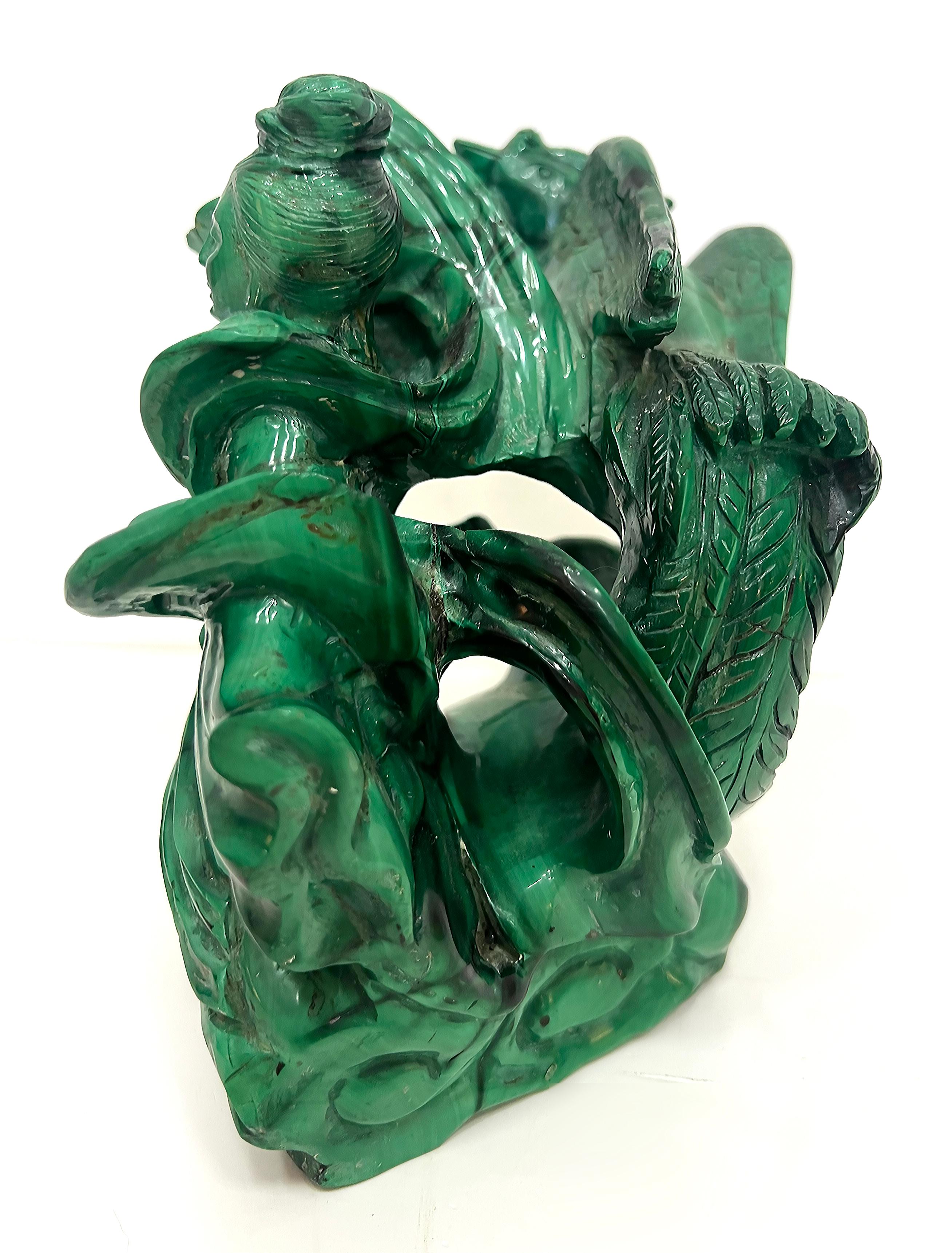 20th Century Vintage Chinese Carved Malachite Guan Yin Statue, Phoenix Bird Surrounding  For Sale