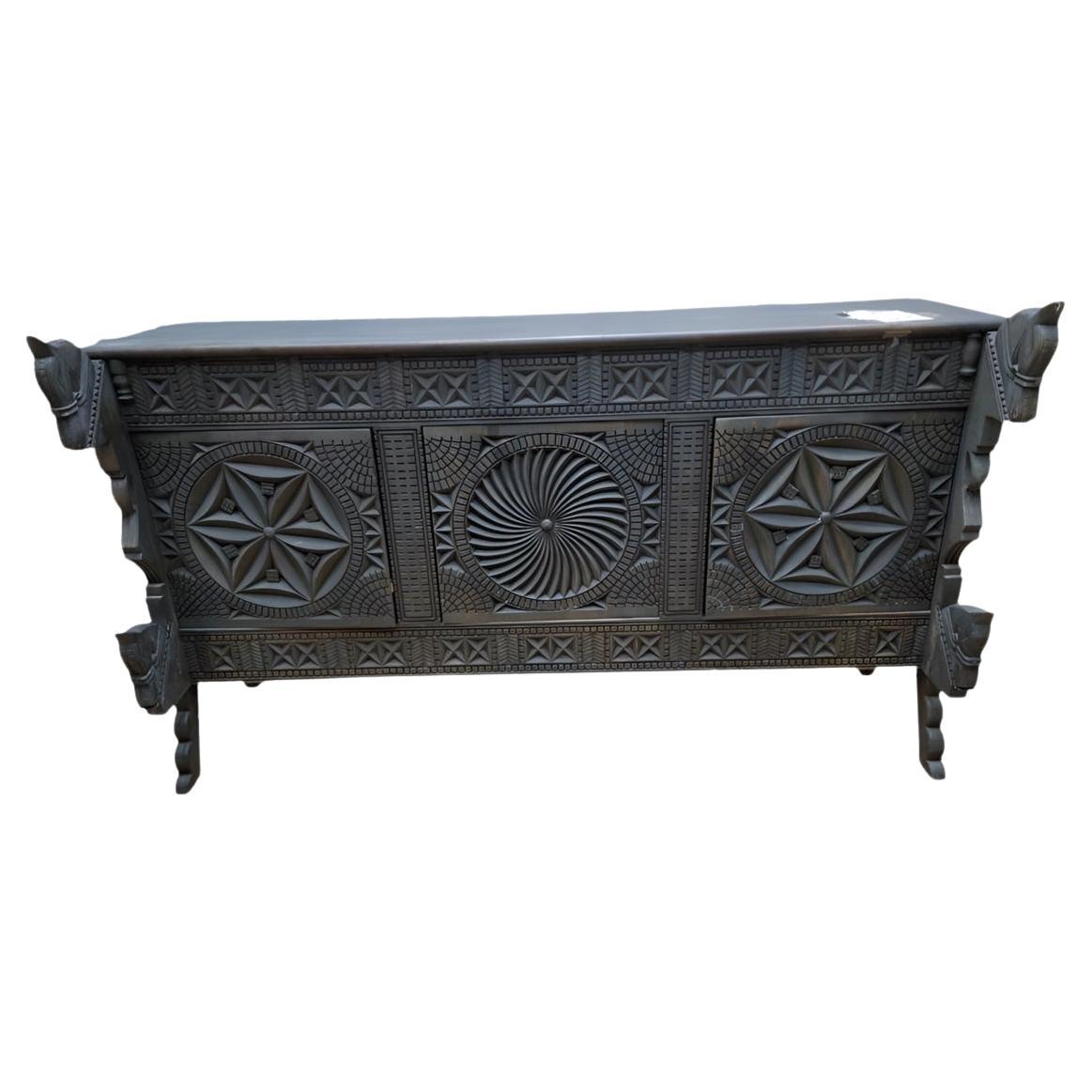 Vintage Chinese Carved Ornate Elmwood Sideboard with Horse Motifs