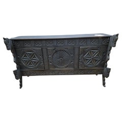 Vintage Chinese Carved Ornate Elmwood Sideboard with Horse Motifs