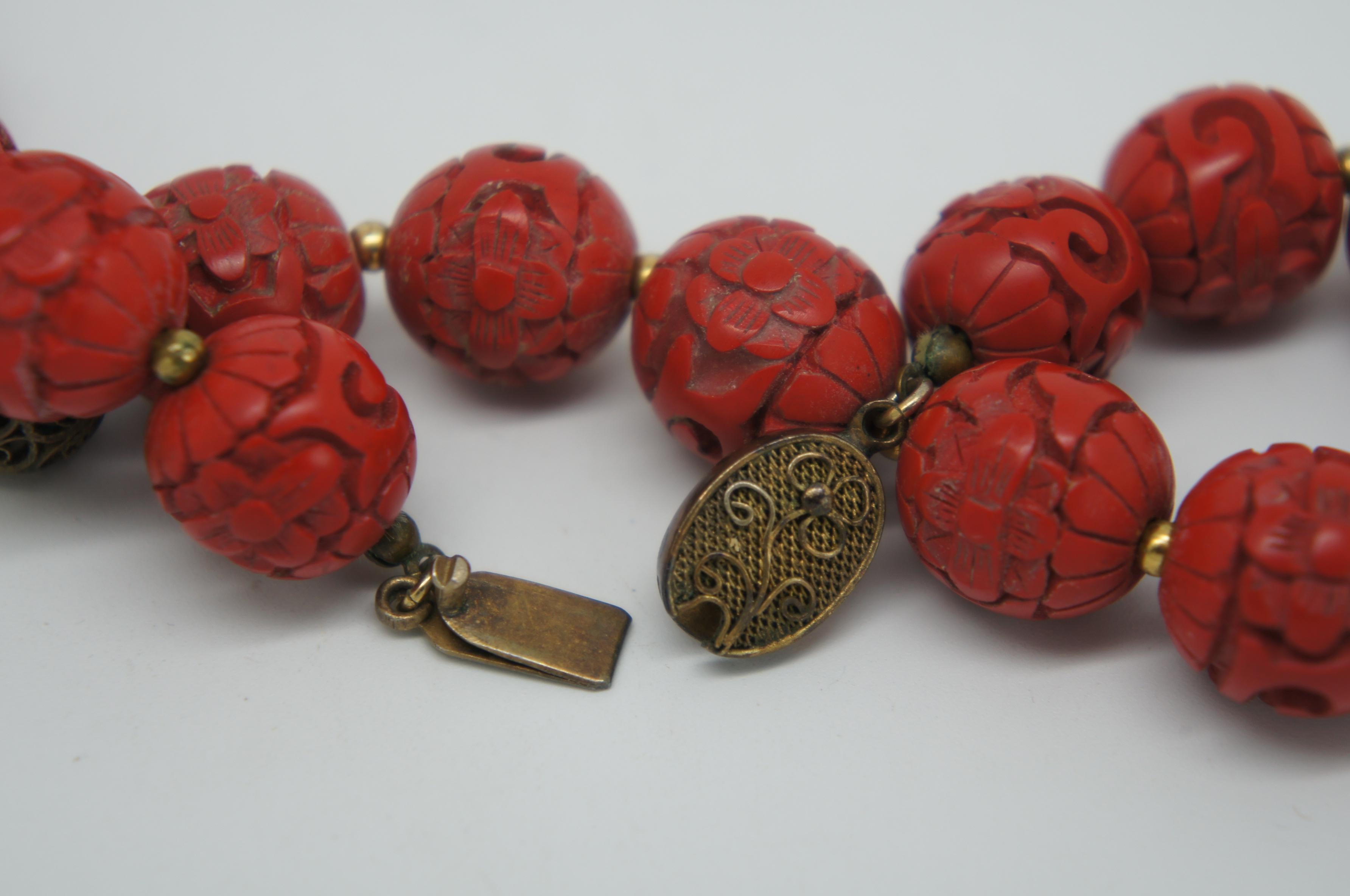Vintage Chinese Carved Red Cinnabar and Green Jade Bead Necklace Silver Clasp 5