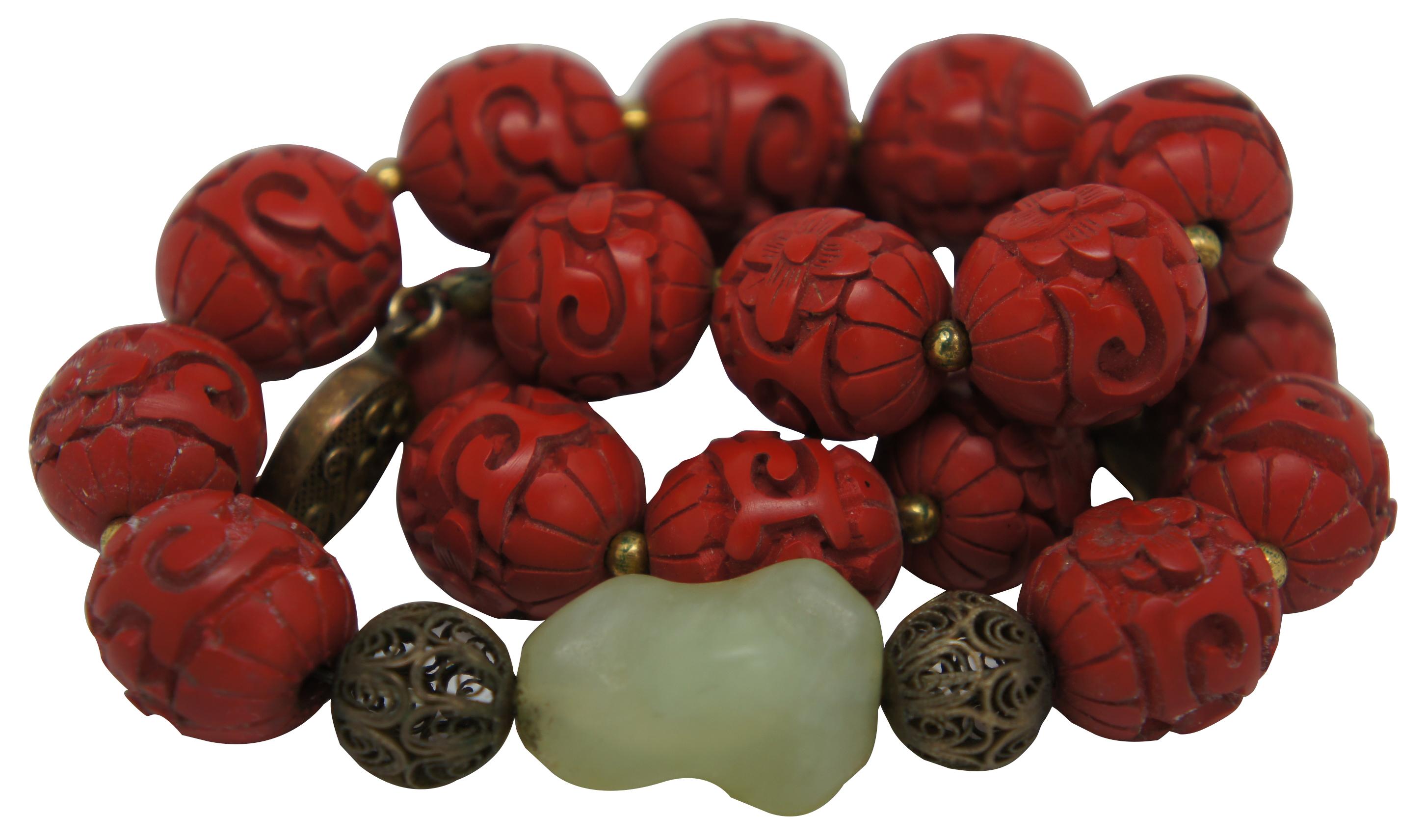 Chinoiserie Vintage Chinese Carved Red Cinnabar and Green Jade Bead Necklace Silver Clasp