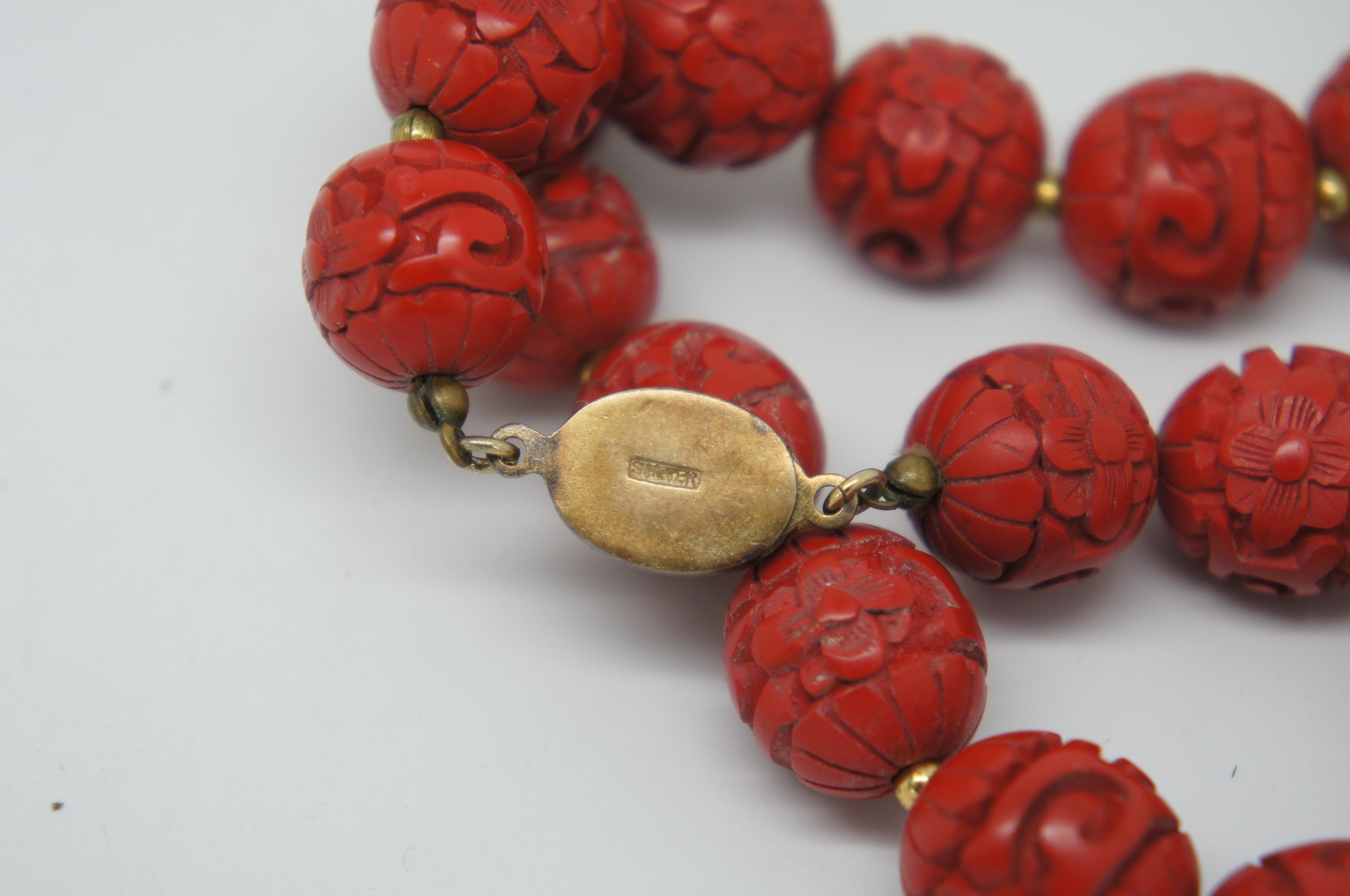 20th Century Vintage Chinese Carved Red Cinnabar and Green Jade Bead Necklace Silver Clasp