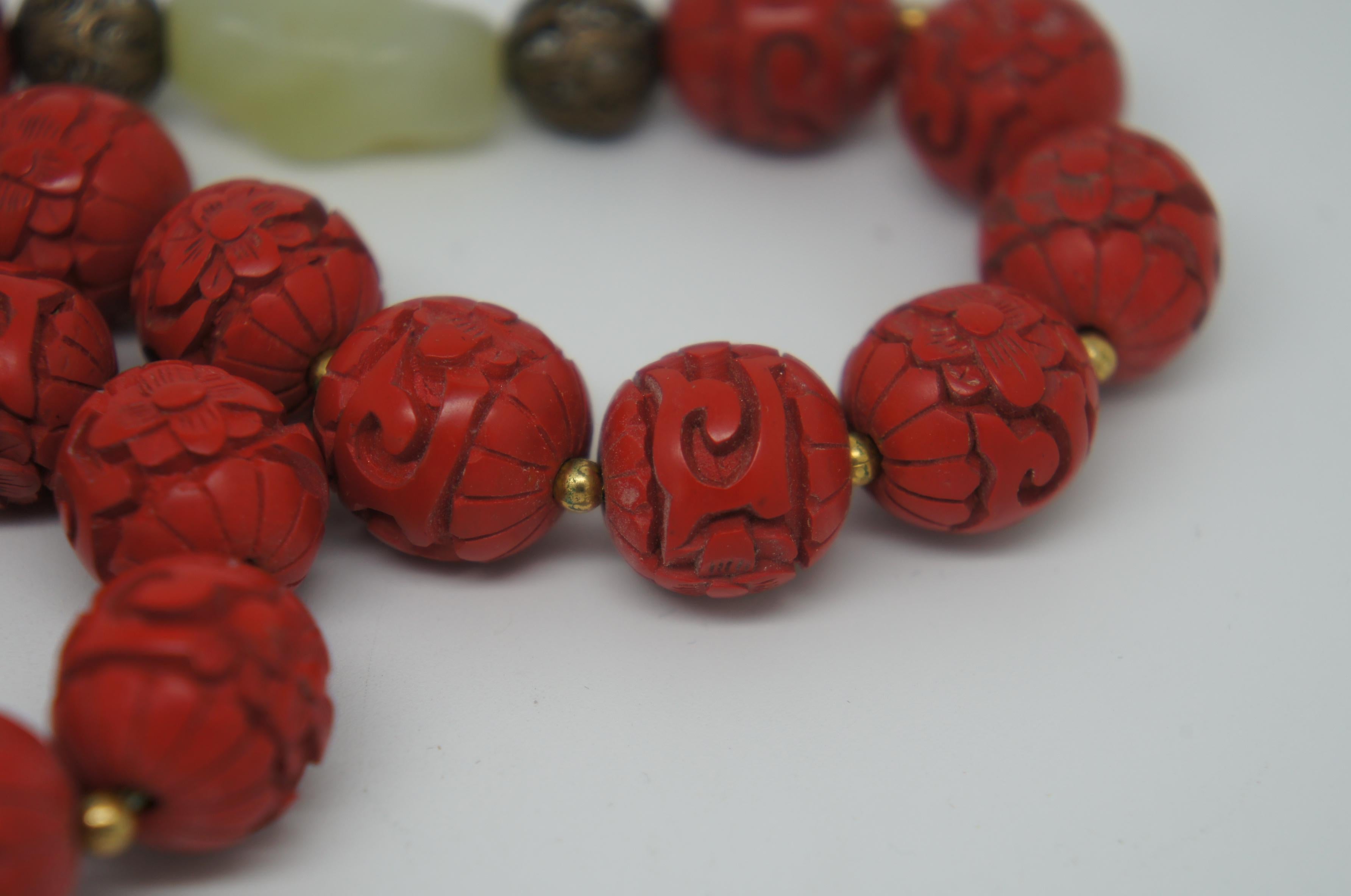 Vintage Chinese Carved Red Cinnabar and Green Jade Bead Necklace Silver Clasp 2