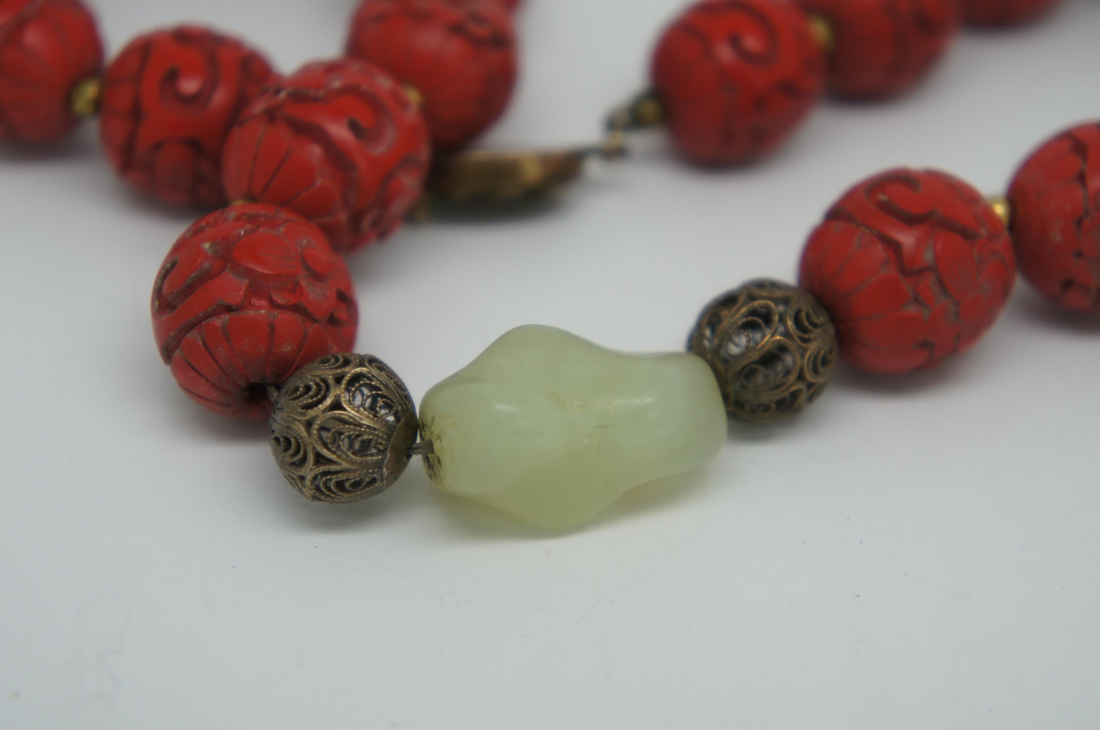 Vintage Chinese Carved Red Cinnabar and Green Jade Bead Necklace Silver Clasp 3