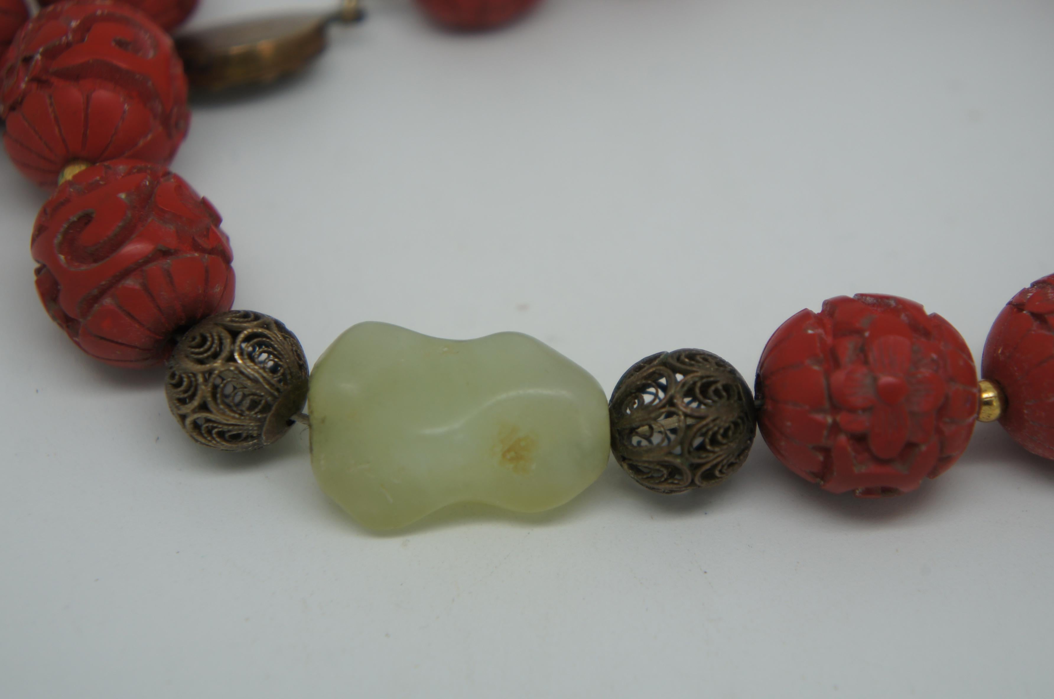 Vintage Chinese Carved Red Cinnabar and Green Jade Bead Necklace Silver Clasp 4