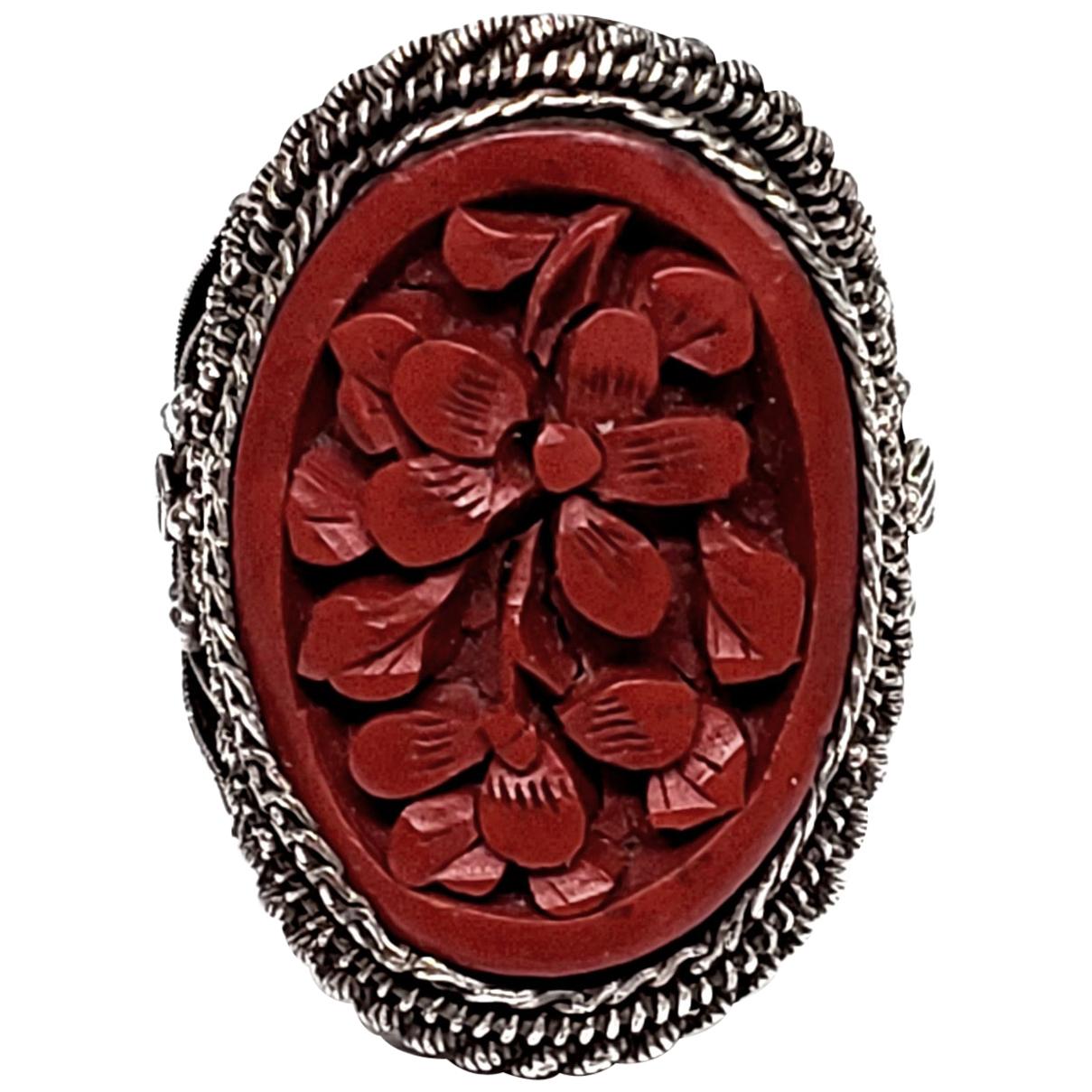 Vintage Chinese Carved Red Cinnabar Ring
