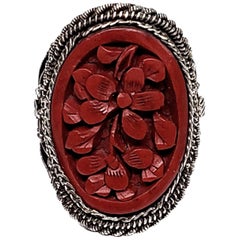 Vintage Chinese Carved Red Cinnabar Ring