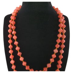 Vintage Chinese Carved Red Coral Beaded Long Necklace 36" Total Length