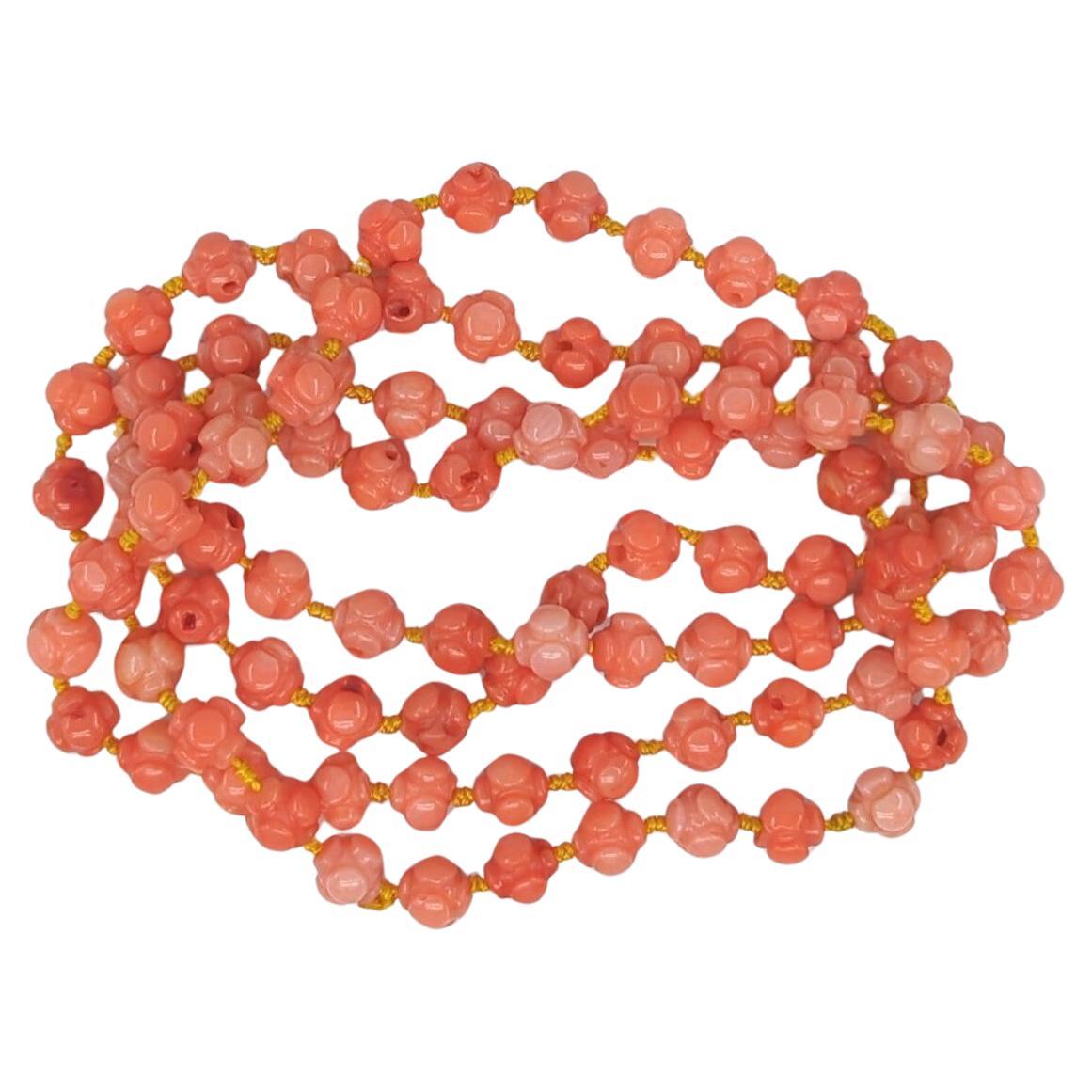Vintage Chinese Carved Red Coral Beaded Long Necklace 36
