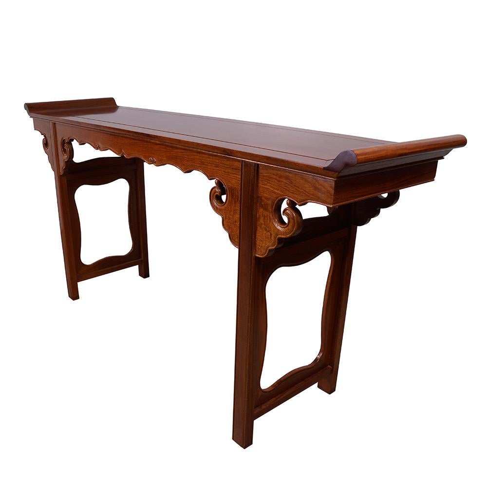 Size: 39 1/2in H x 80 1/2in W x 20in D
Origin: China
Circa: 1960
Material: Rosewood
Condition: Original finish, solid wood construction, hand carved, very heavy and sturdy, normal age wear.
Look at this Vintage Carved Altar table from China. It