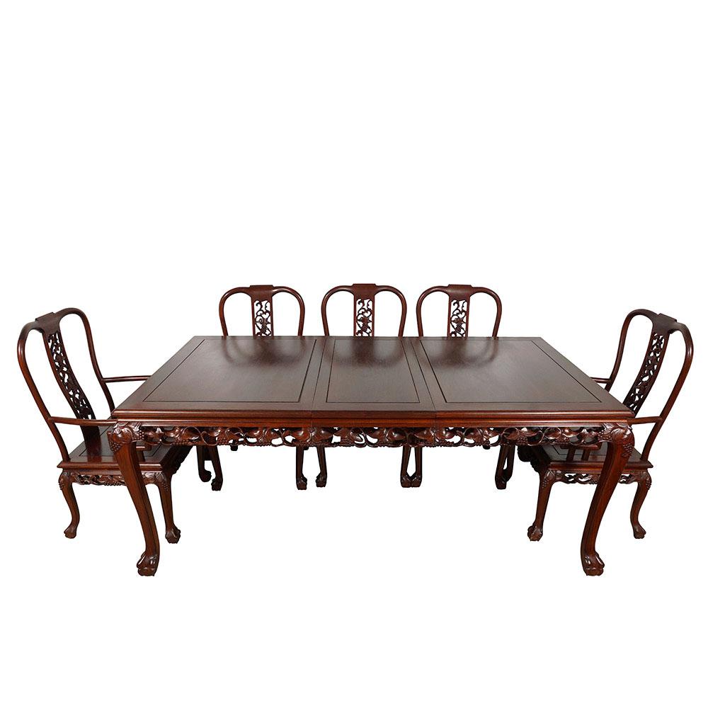 Vintage Chinese Carved Huali Wood Dining Table with 2 Leafs and 8 Chairs Set For Sale 5