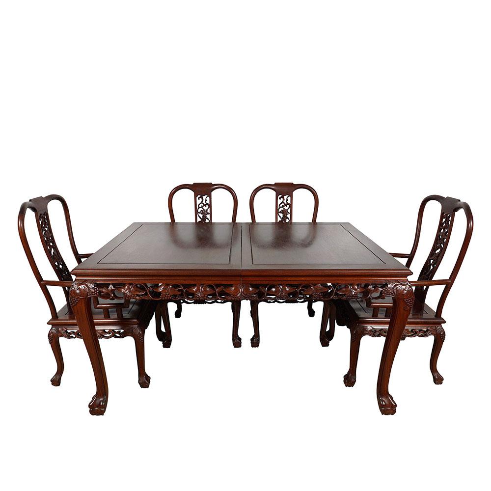 Vintage Chinese Carved Huali Wood Dining Table with 2 Leafs and 8 Chairs Set For Sale 6