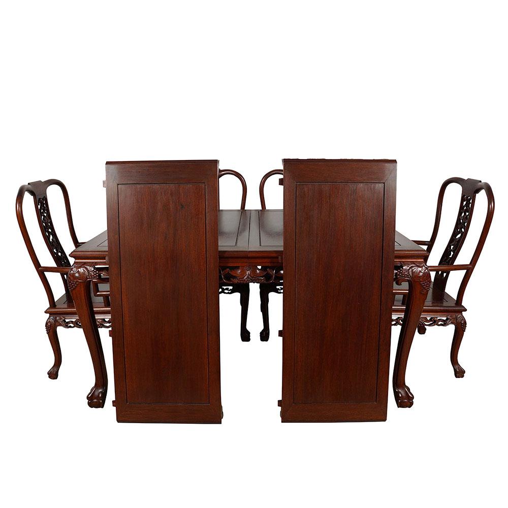 Vintage Chinese Carved Huali Wood Dining Table with 2 Leafs and 8 Chairs Set For Sale 7