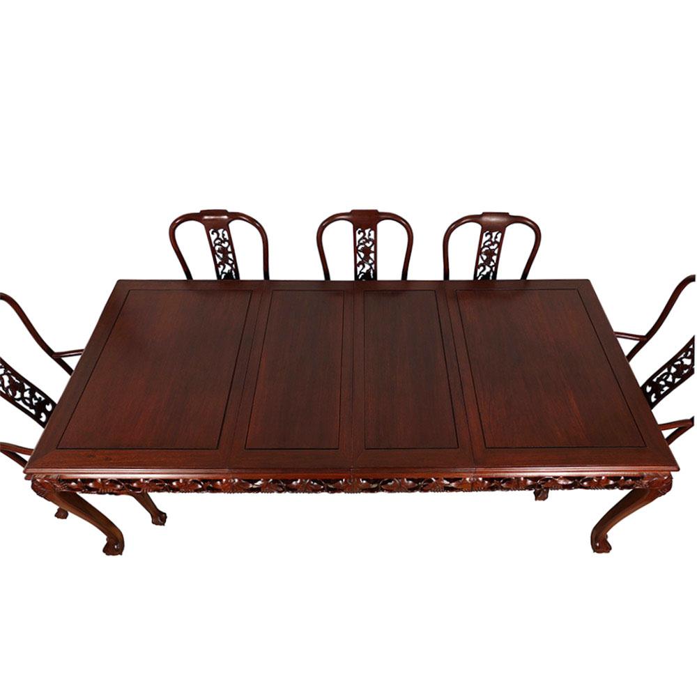 Chinese Export Vintage Chinese Carved Huali Wood Dining Table with 2 Leafs and 8 Chairs Set For Sale