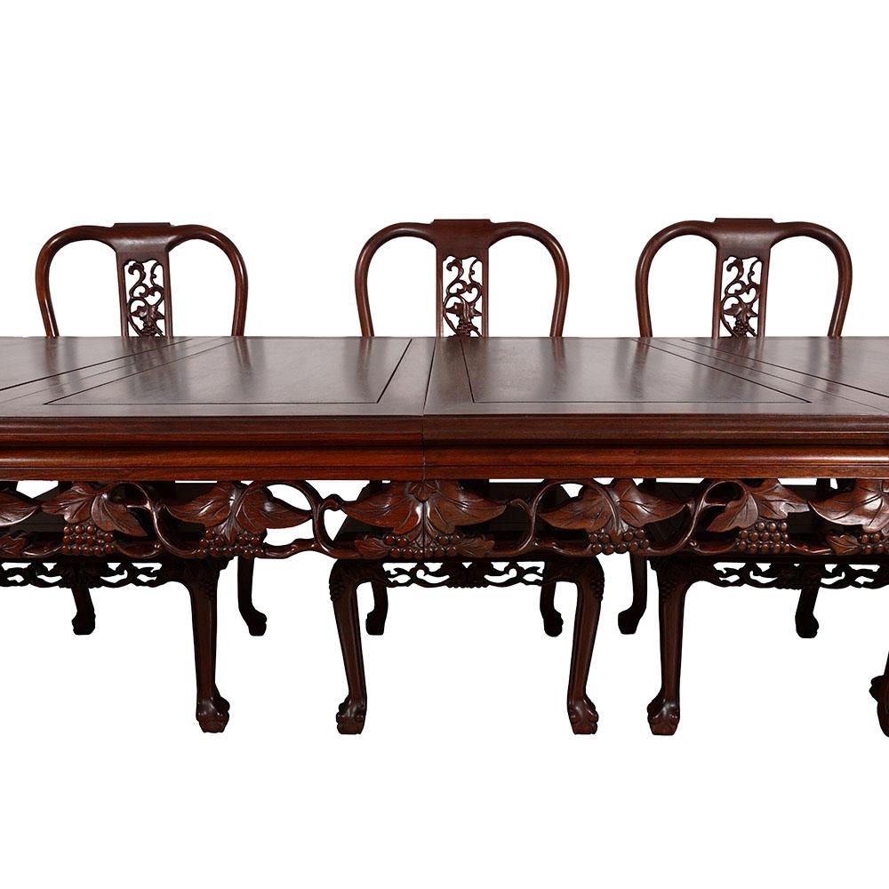 Chinese Export Vintage Chinese Carved Huali Wood Dining Table with 2 Leafs and 8 Chairs Set