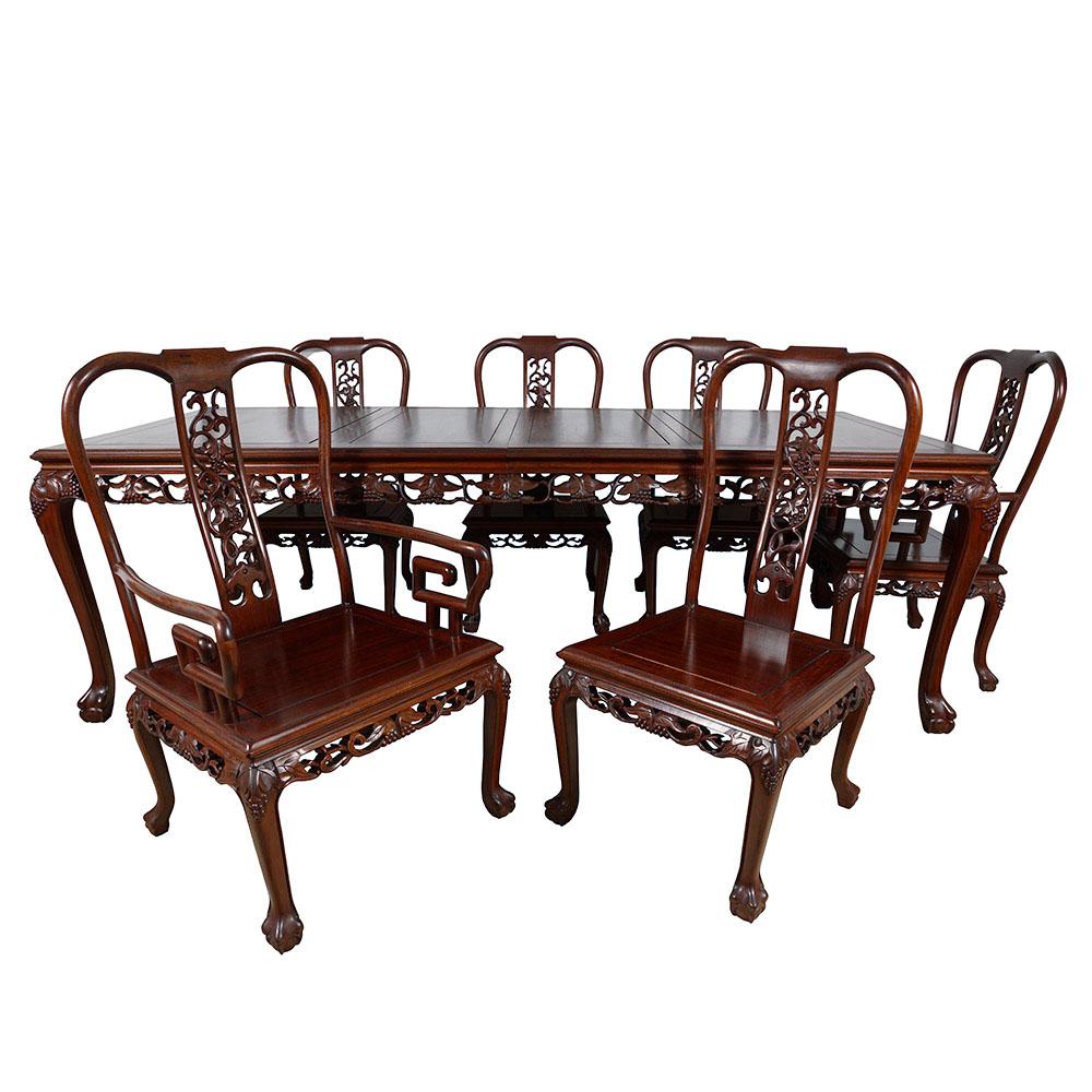 Vintage Chinese Carved Huali Wood Dining Table with 2 Leafs and 8 Chairs Set For Sale 3