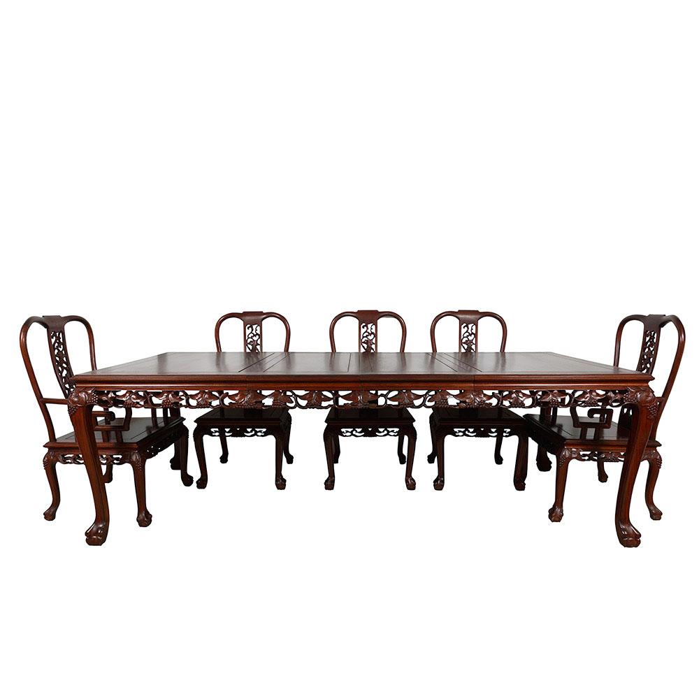 Vintage Chinese Carved Huali Wood Dining Table with 2 Leafs and 8 Chairs Set 1