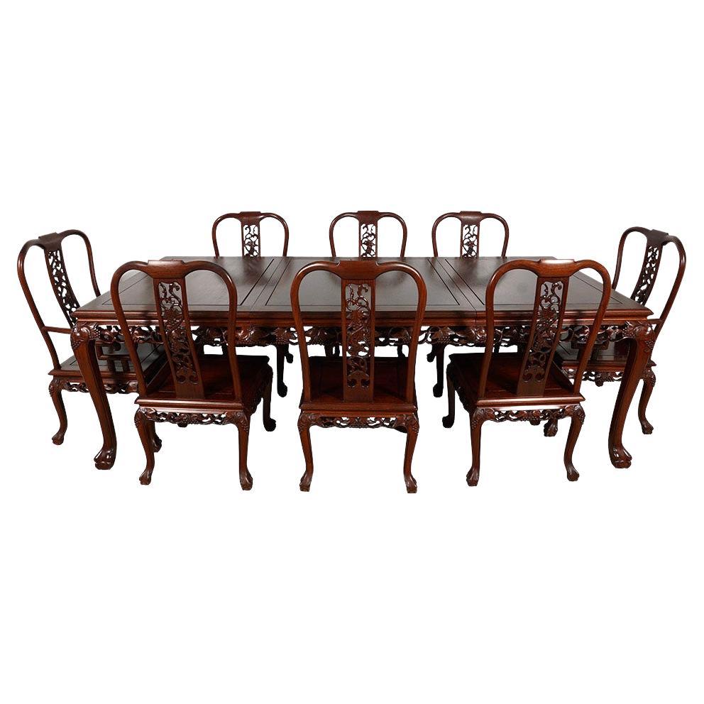 Vintage Chinese Carved Huali Wood Dining Table with 2 Leafs and 8 Chairs Set For Sale