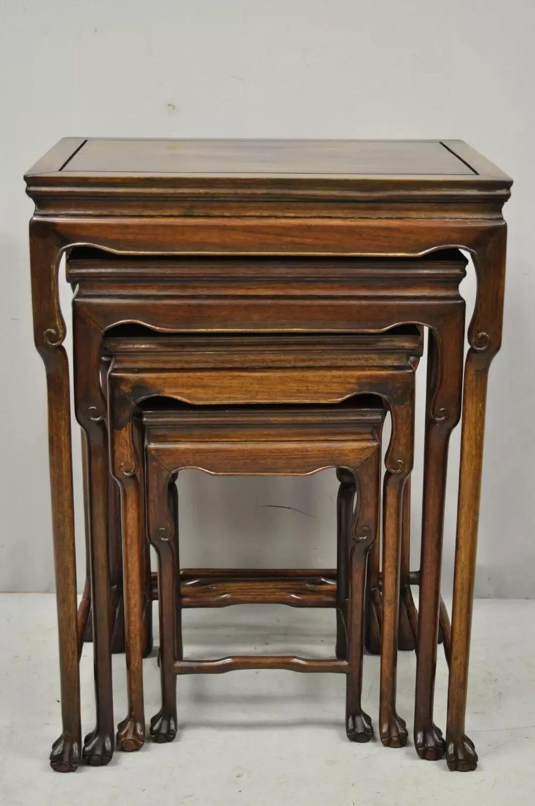 Chinesische geschnitzte Vintage-Beistelltische aus Rosenholz mit Pfotenfüßen und Schnitzereien, 4er-Set im Angebot 5