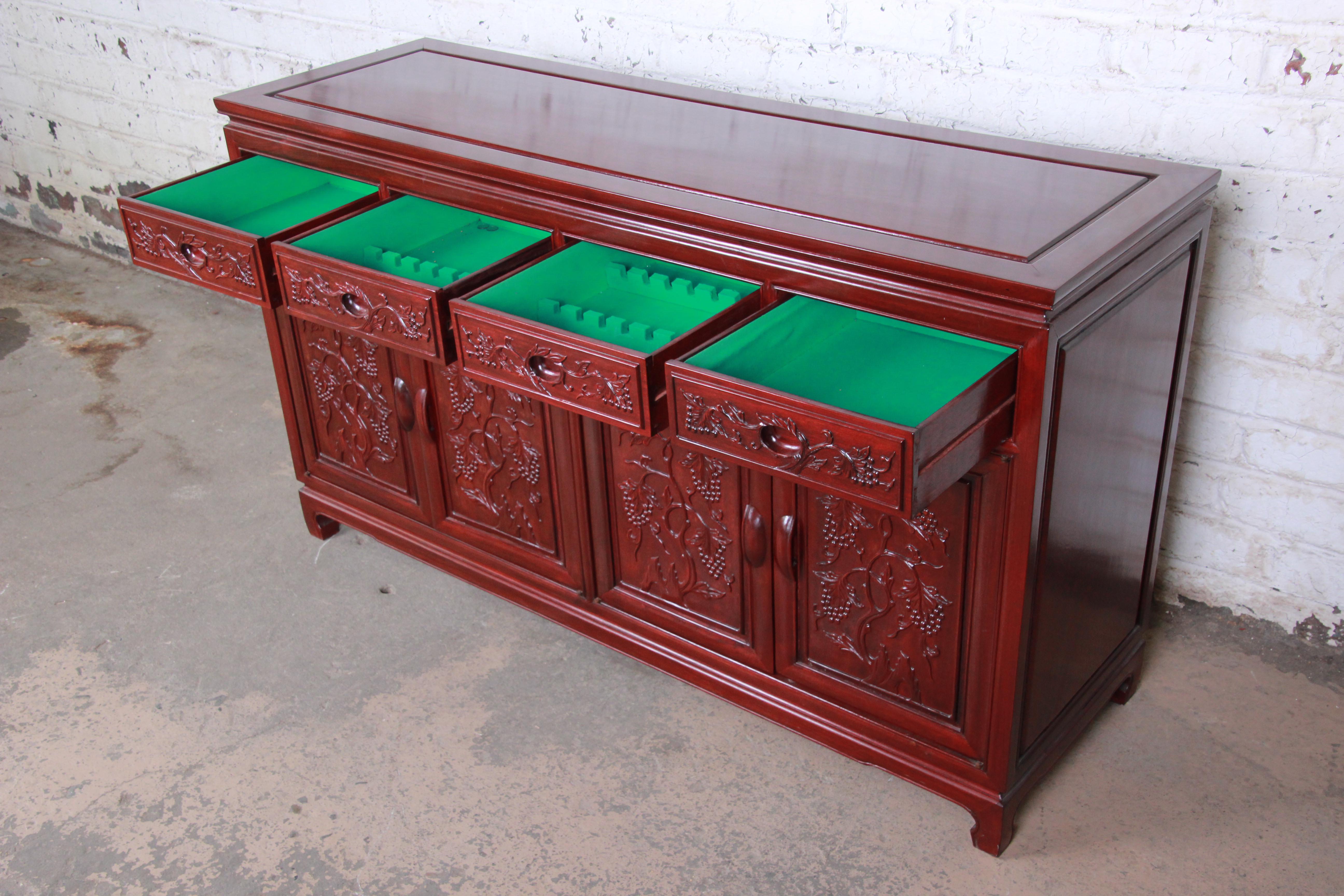 Chinese Export Vintage Chinese Carved Rosewood Sideboard Credenza