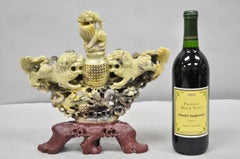 Scultura vintage cinese in pietra ollare intagliata con cane Foo Figurale Brucia Incenso
